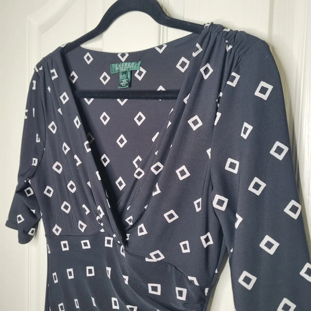 Lauren Ralph Lauren Dress Womens Sz 4 Black Ruched White Diamond Print Faux Wrap